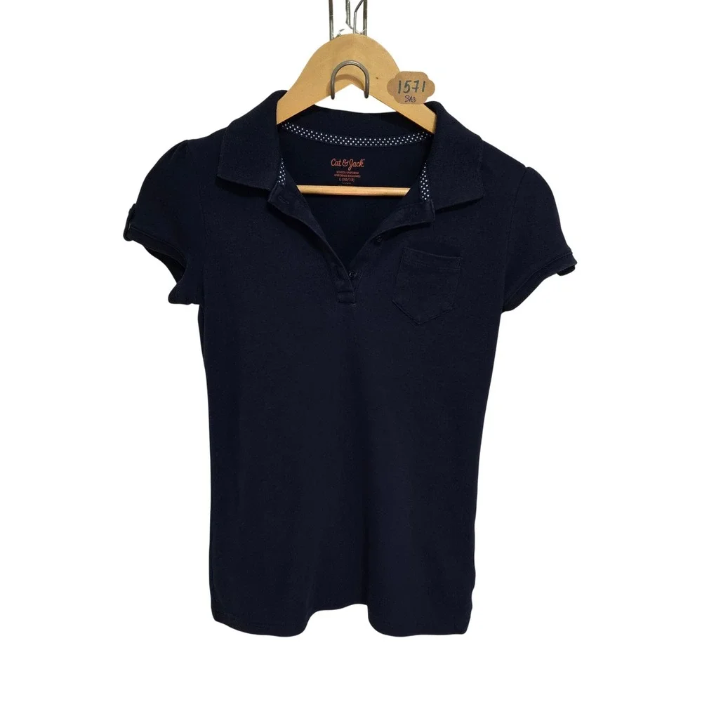 Cat & Jack Girls Navy Blue School Uniform Polo Shirt Puff Sleeve Size L 10/12